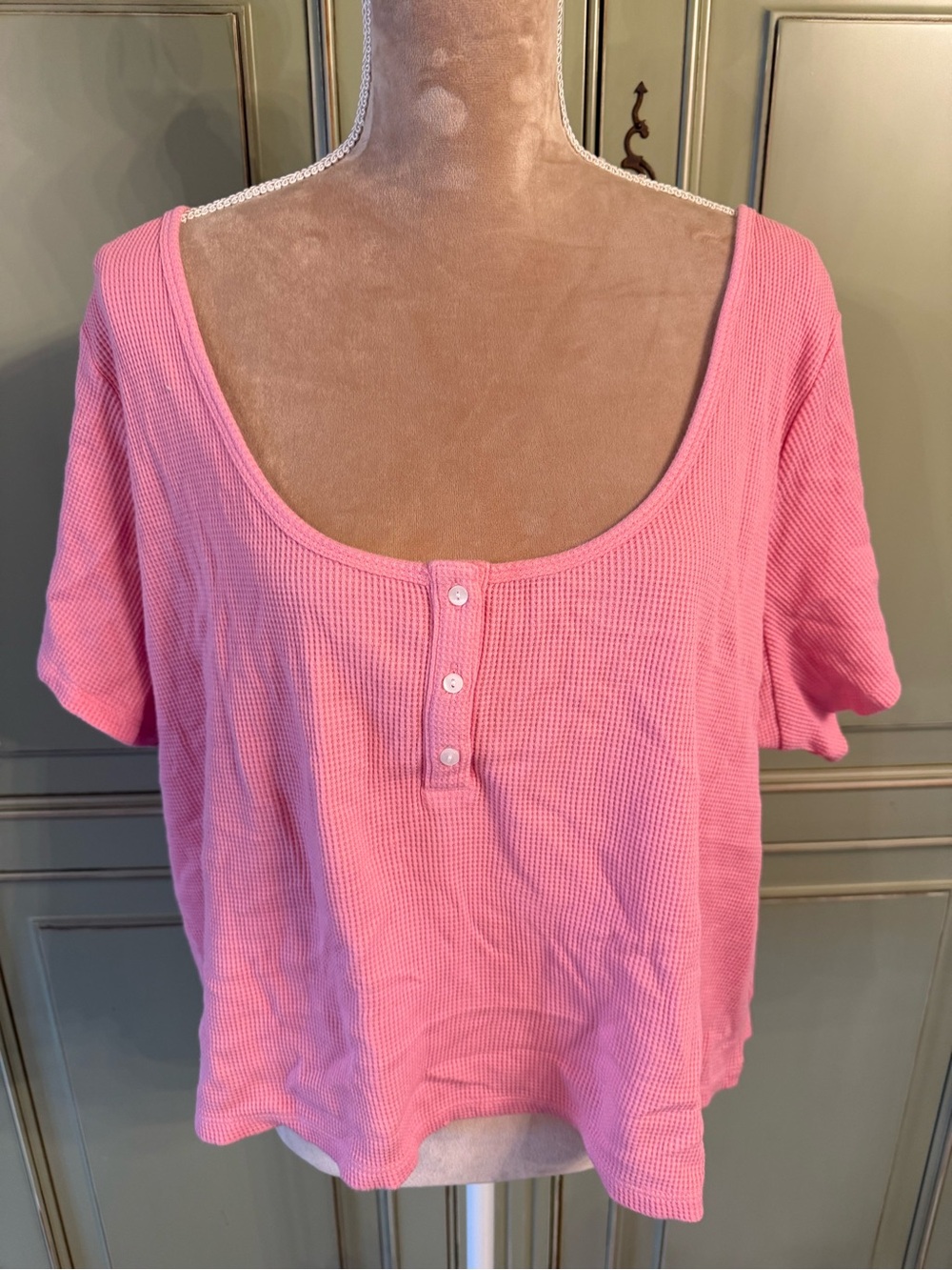 Two Old Navy Pink & Blue Waffle Henley Scoop-Neck Short Sleeve Tops